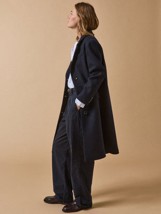 Manteau long col tailleur lainage uni femme