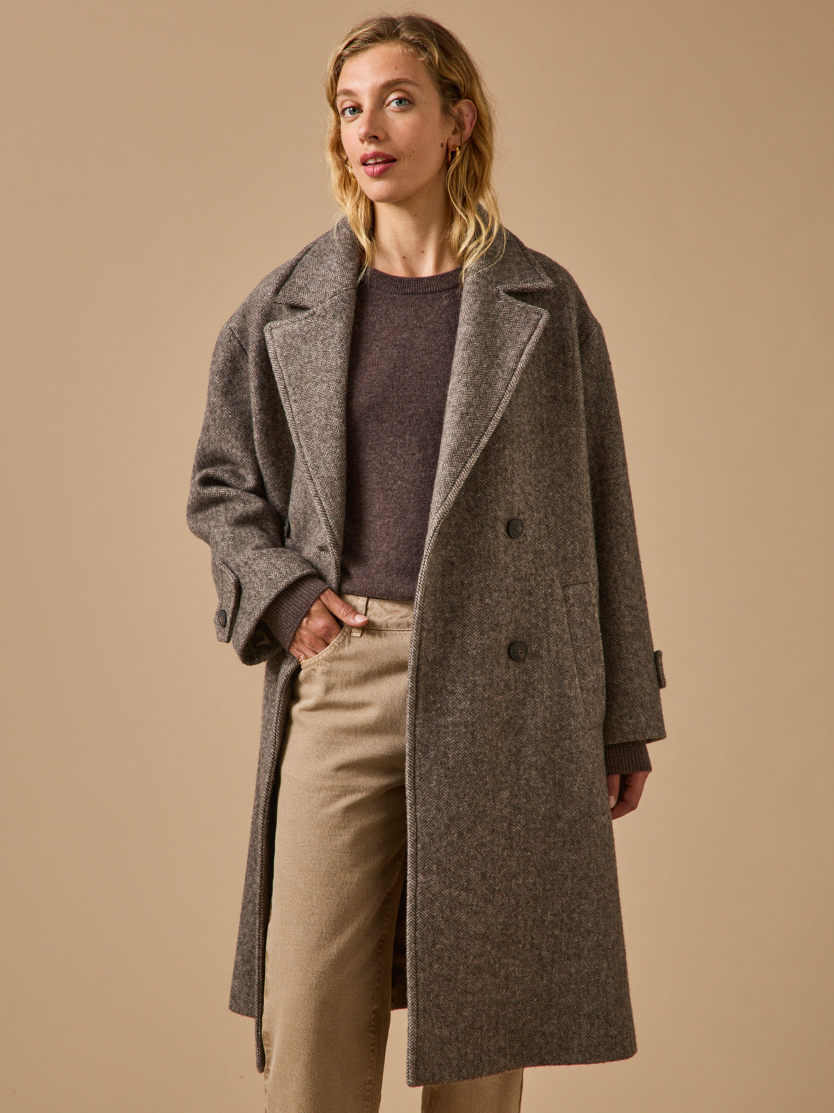 Manteau long lainage chevrons femme