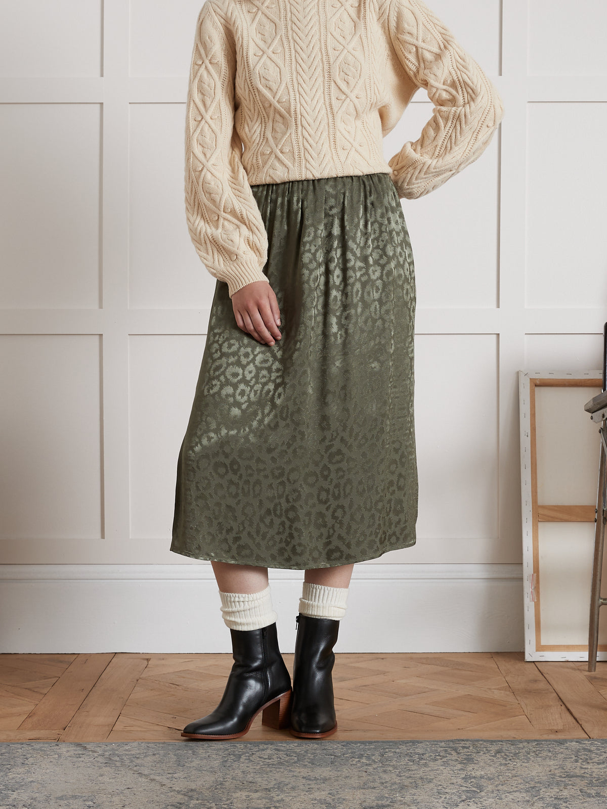 Jupe mi-longue jacquard léopard femme