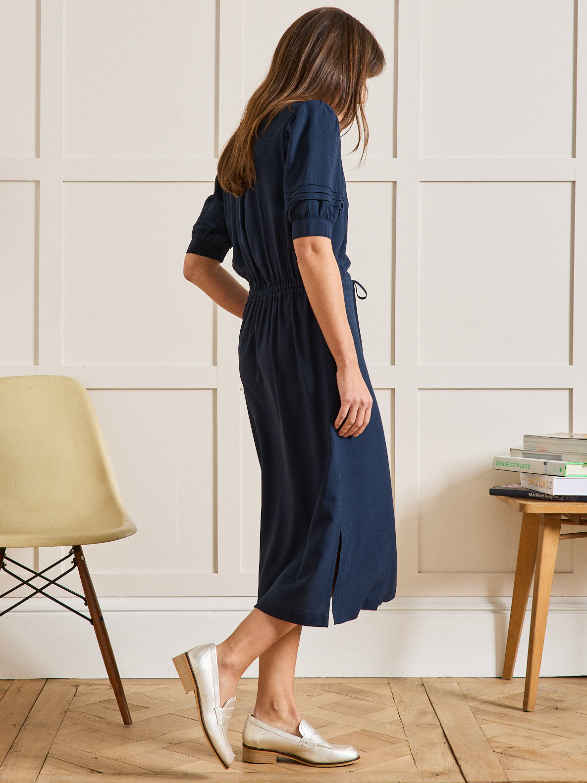 Robe longue unie col volanté viscose dobby femme