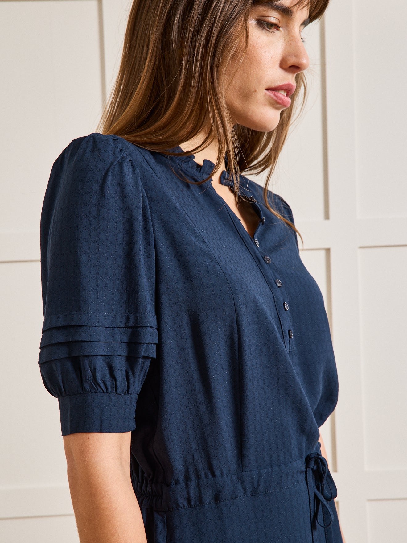Robe longue unie col volanté viscose dobby femme