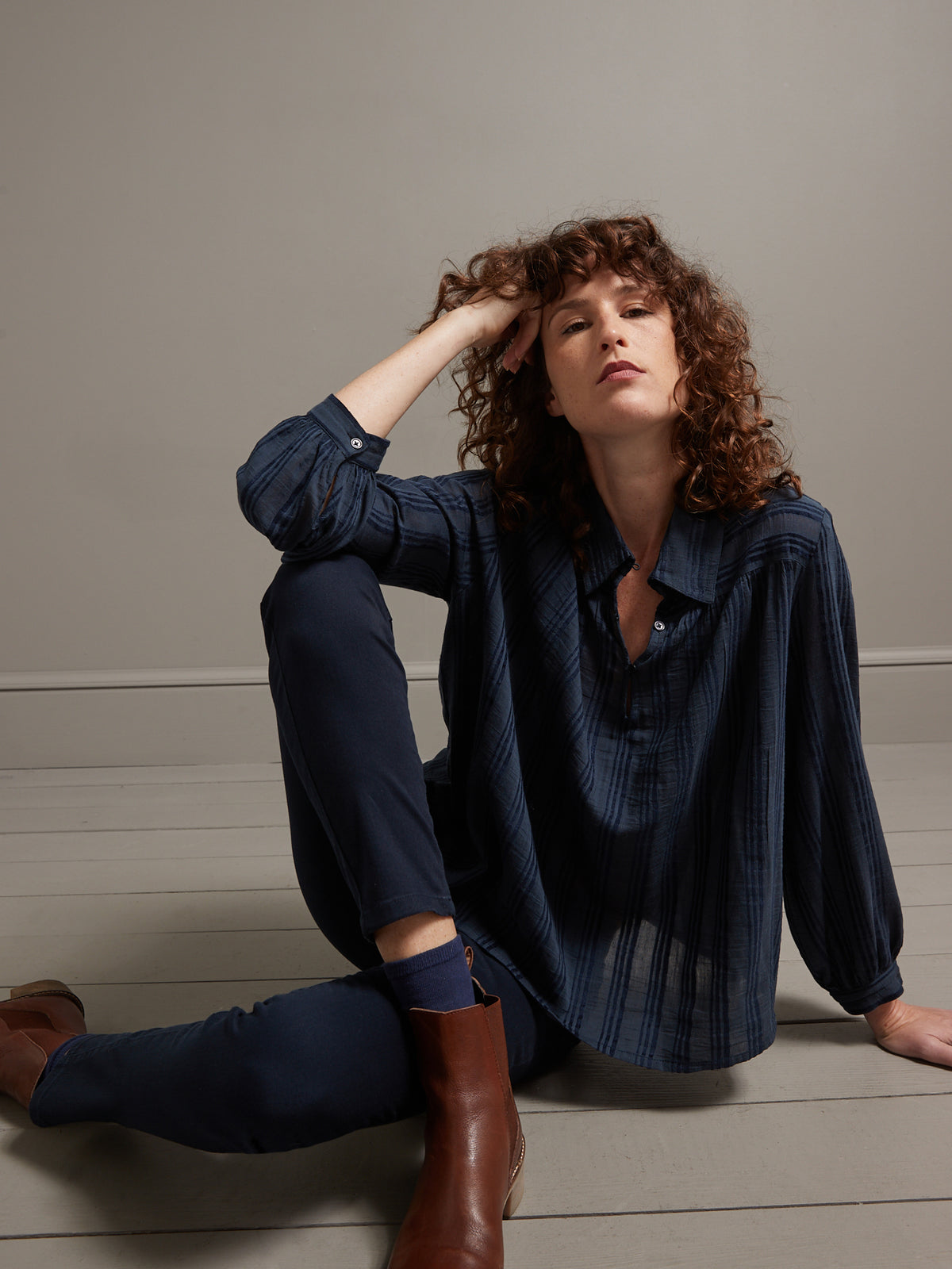 Blouse col chemise femme effet rayures