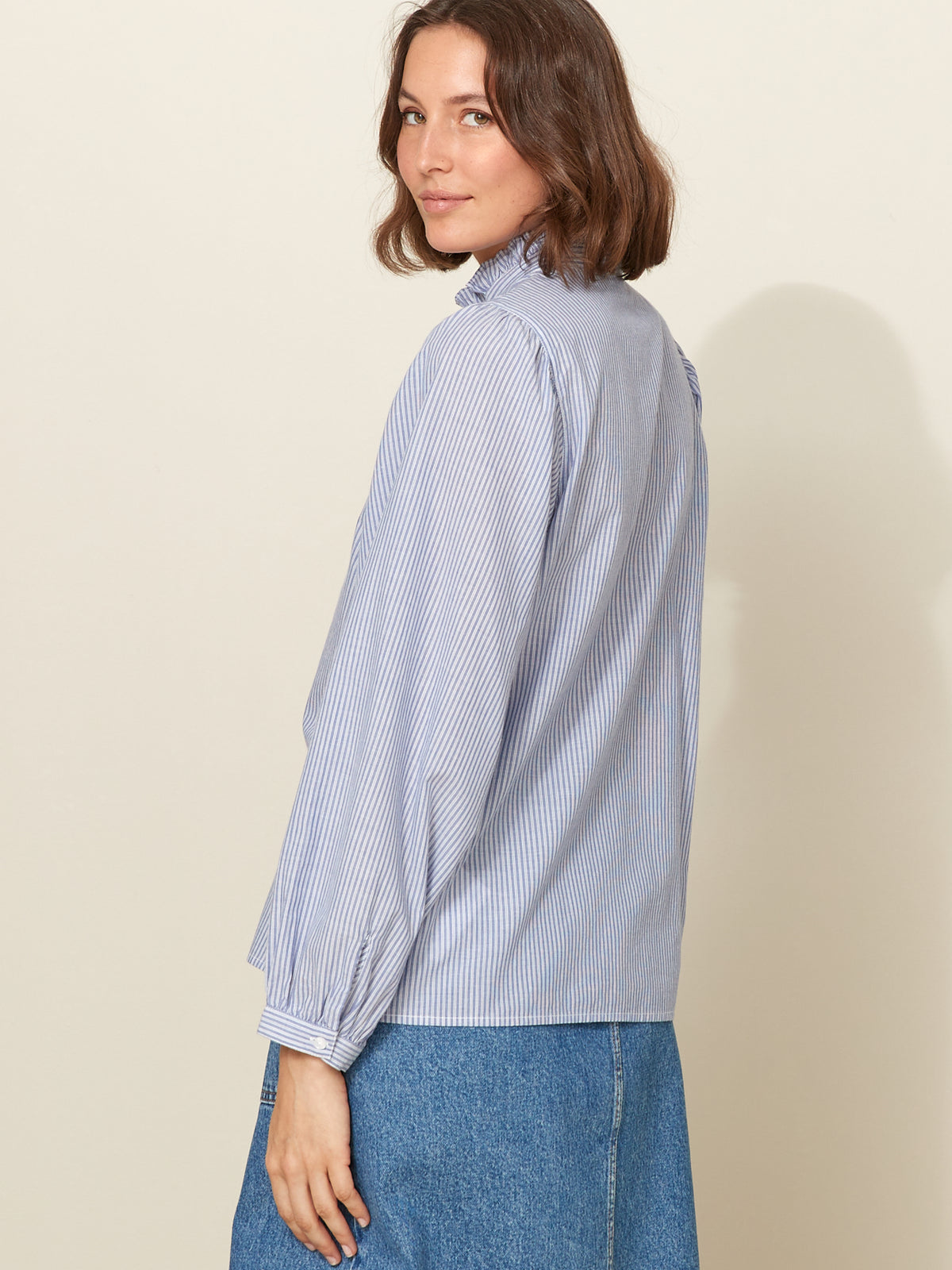 Blouse rayée col volanté femme