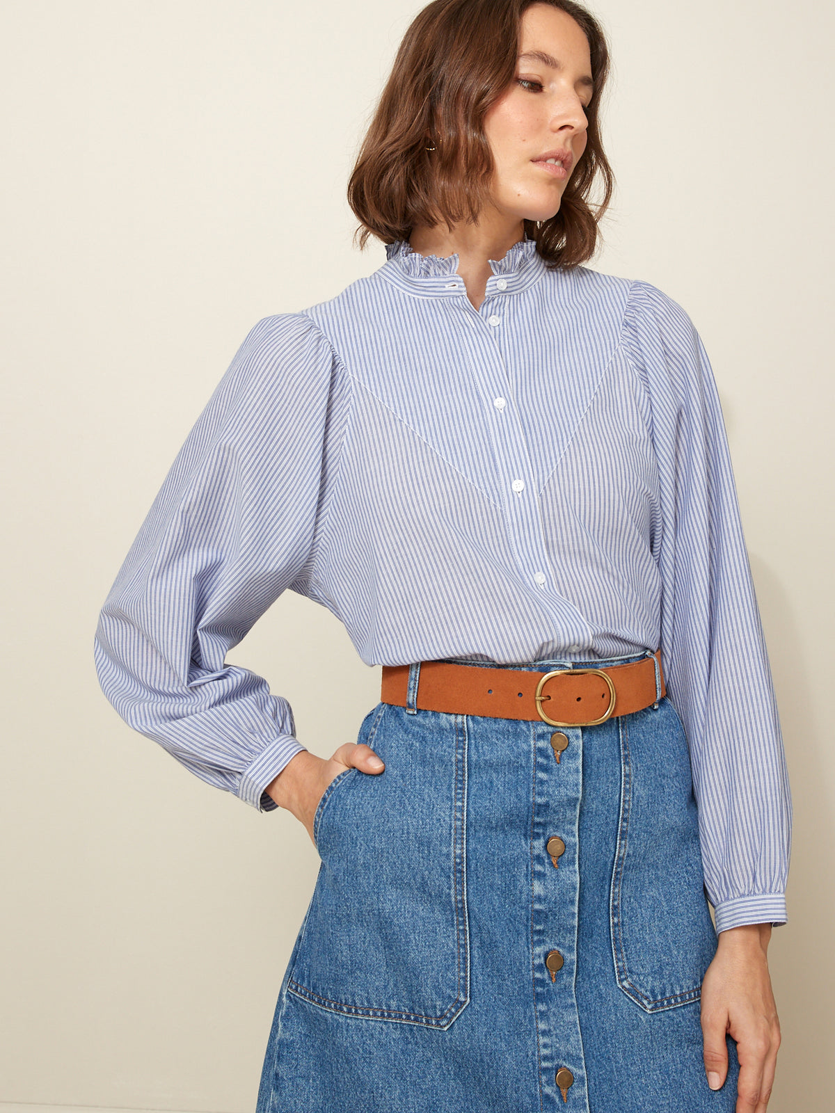 Blouse rayée col volanté femme