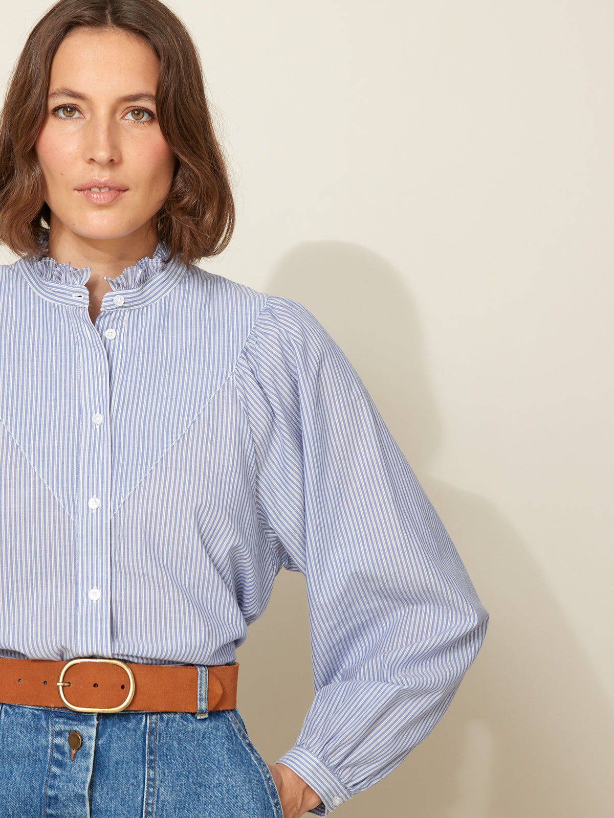 Blouse rayée col volanté femme