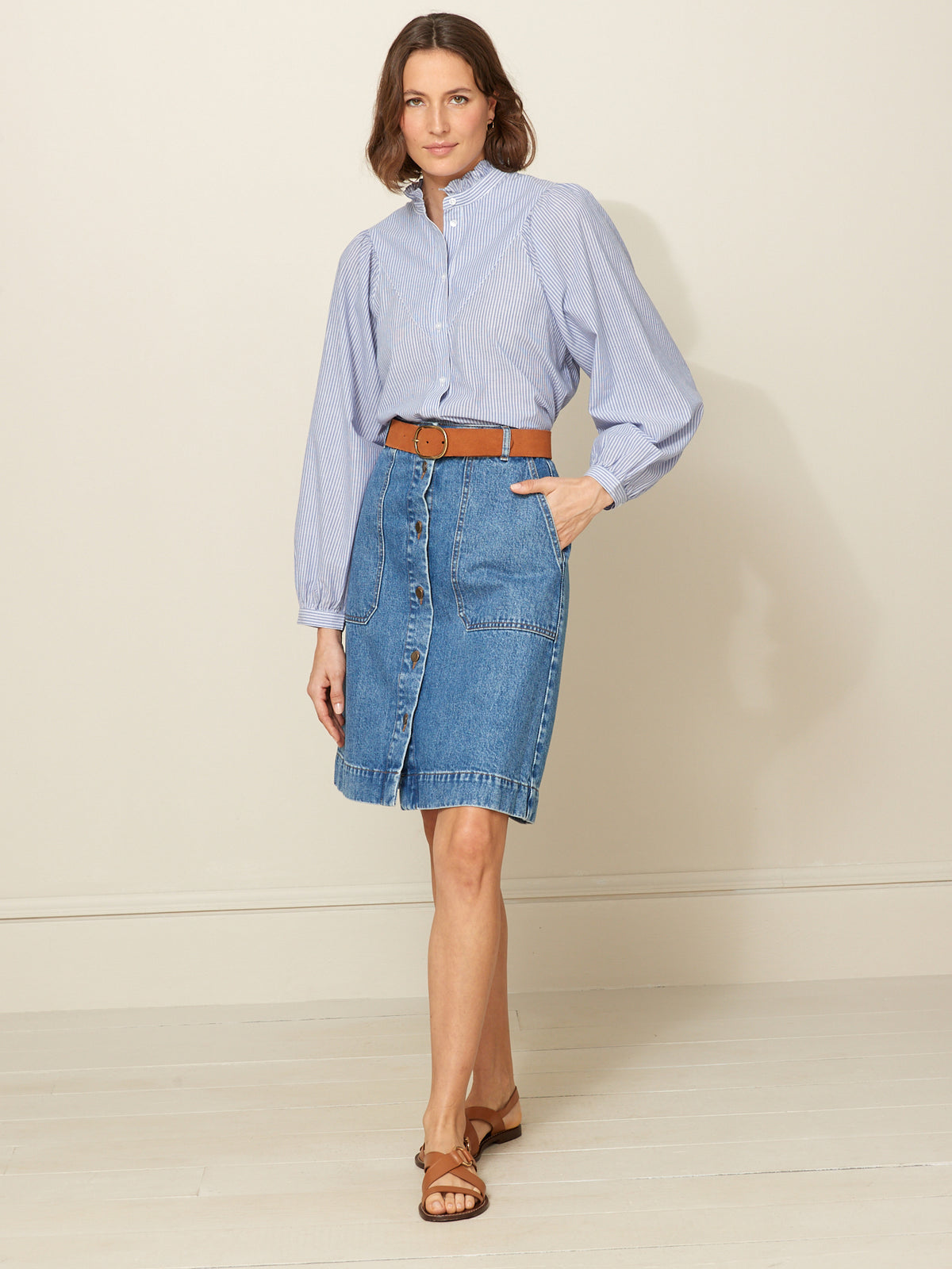 Blouse rayée col volanté femme