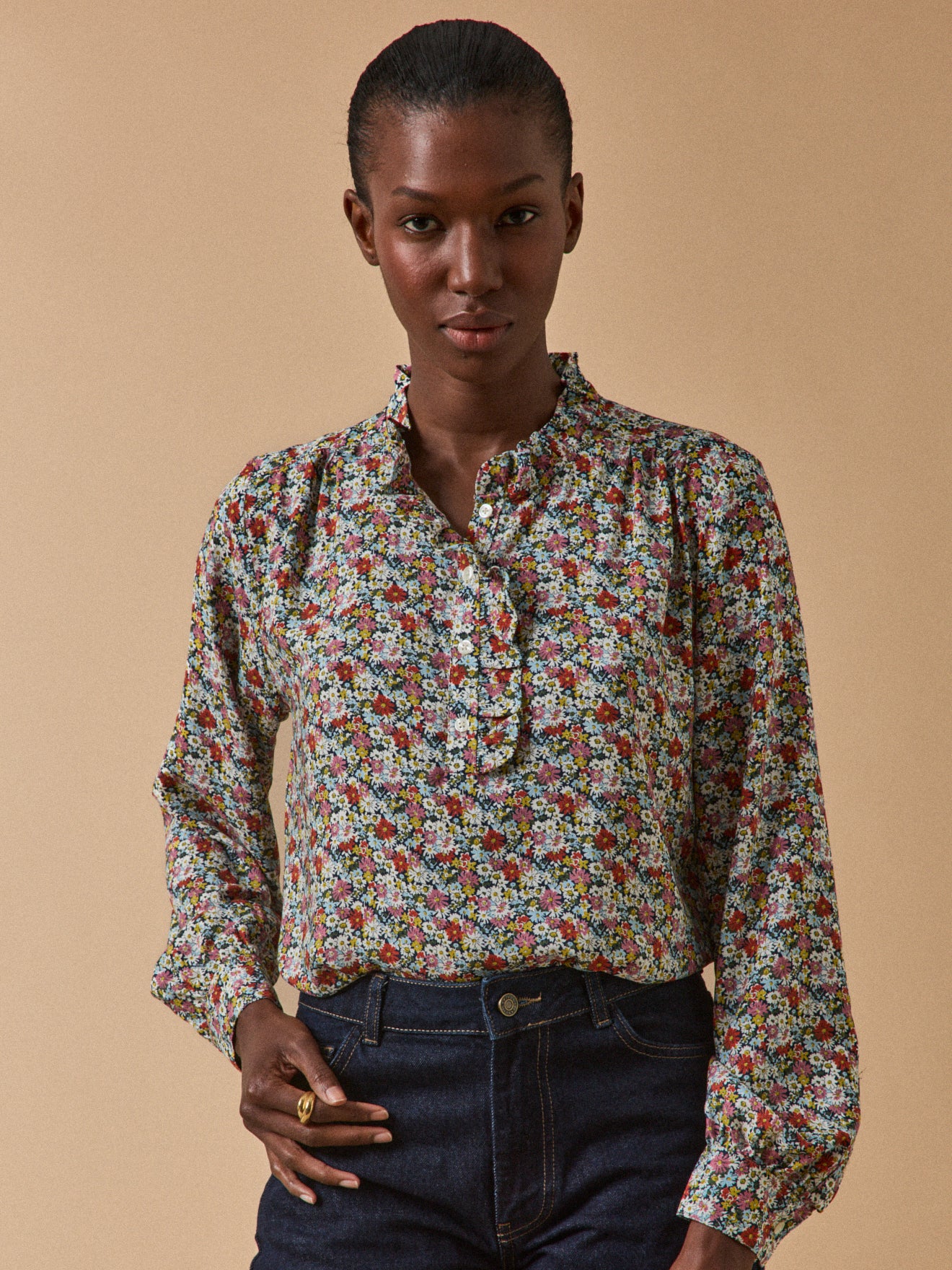 Damen-Hemdbluse mit Volants aus Liberty-Stoff Libby - Limited Collection