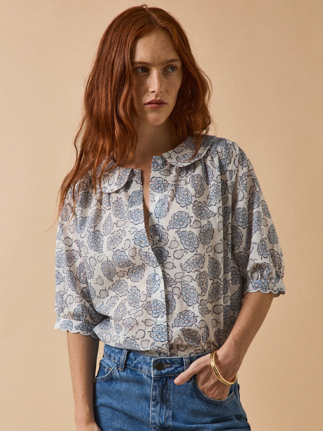 Damen-Hemdbluse aus Dobby-Baumwolle mit Adonie-Print