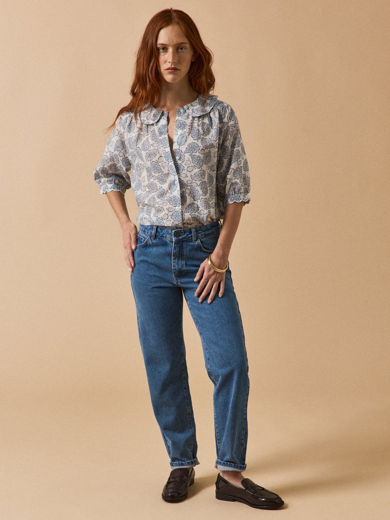 Damen-Hemdbluse aus Dobby-Baumwolle mit Adonie-Print