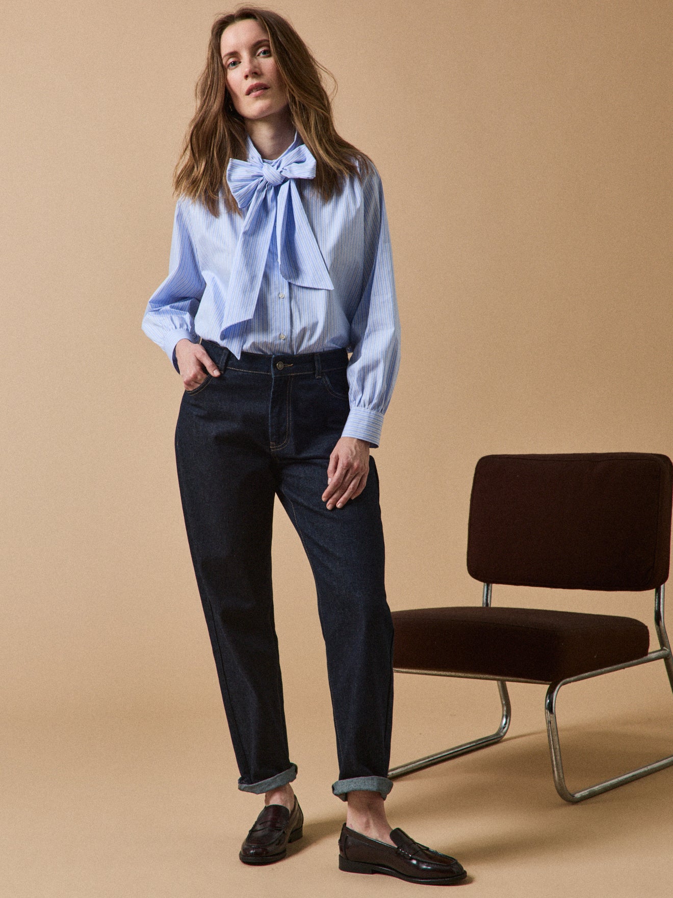 Chemise popeline rayée col lavallière femme