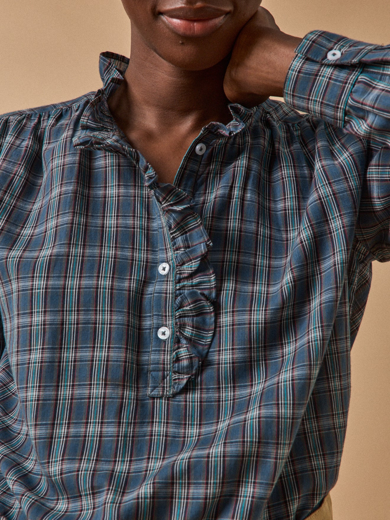 Blouse volantée imprimé écossais femme