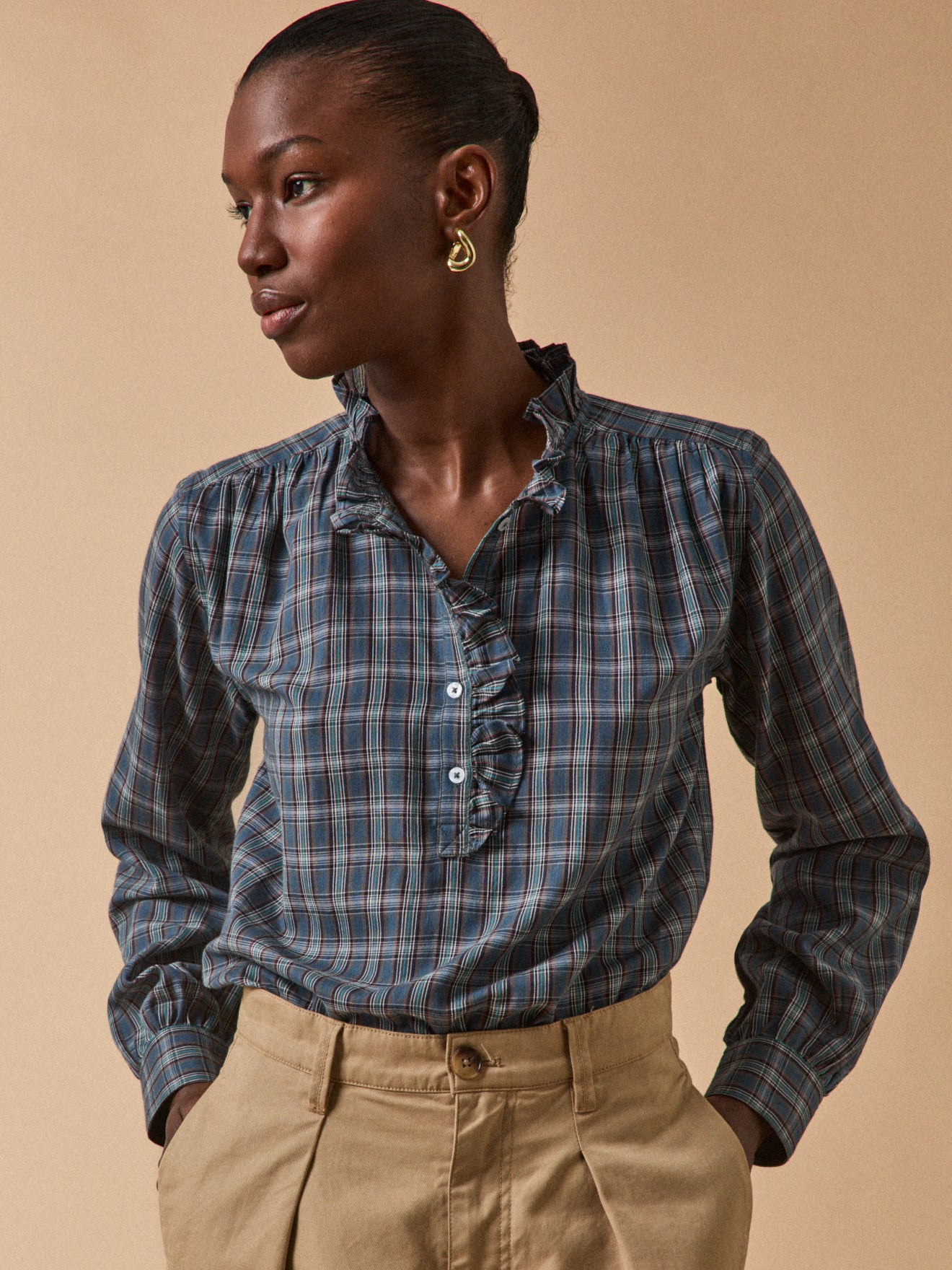 Blouse volantée imprimé écossais femme