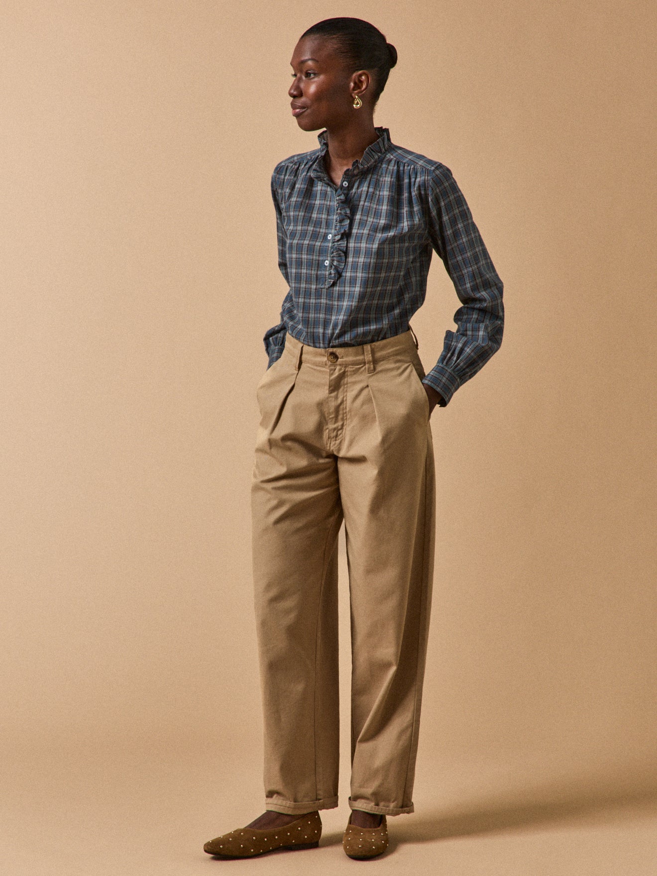 Blouse volantée imprimé écossais femme