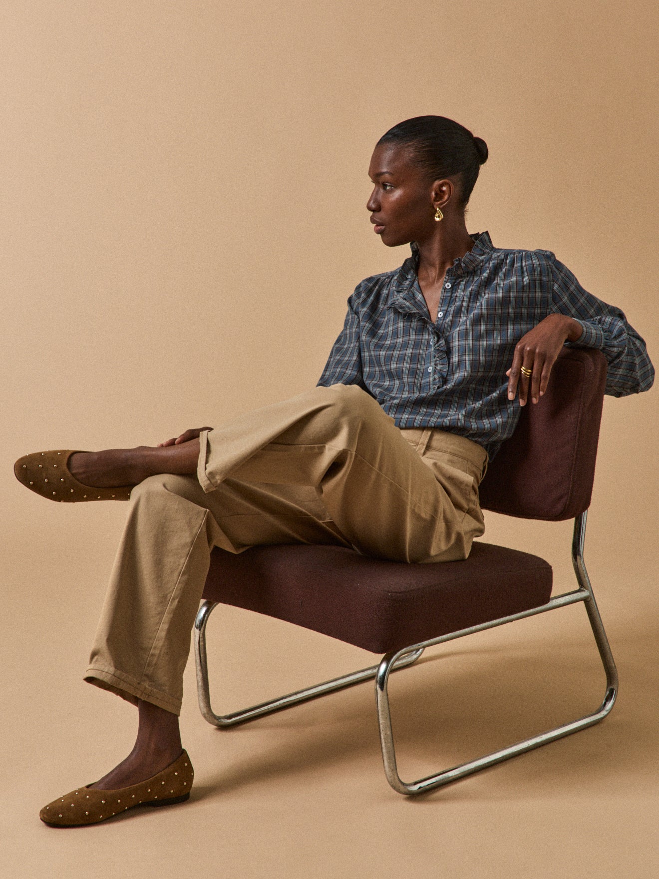 Blouse volantée imprimé écossais femme