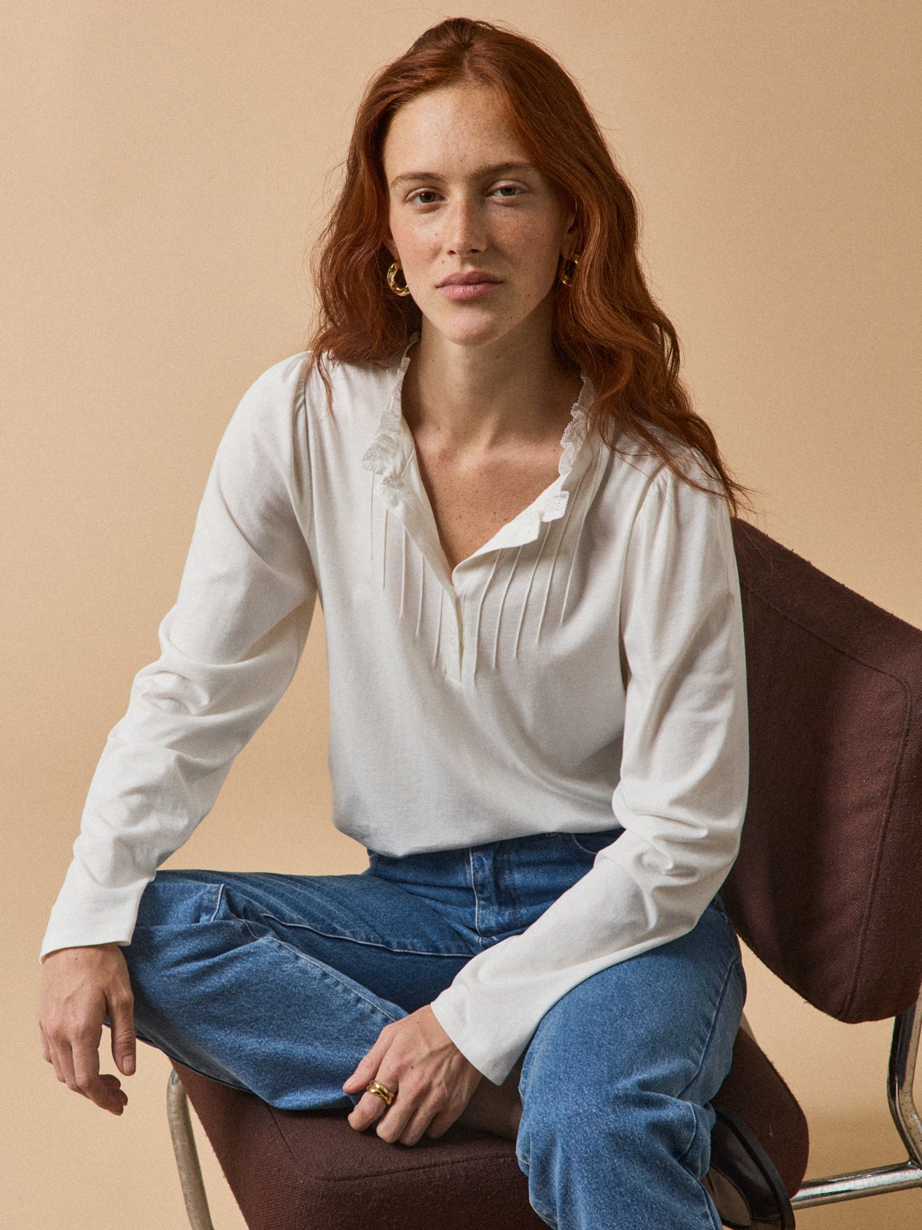 Damen T-Shirt mit Volants am Kragen - Modal und Bio-Baumwolle