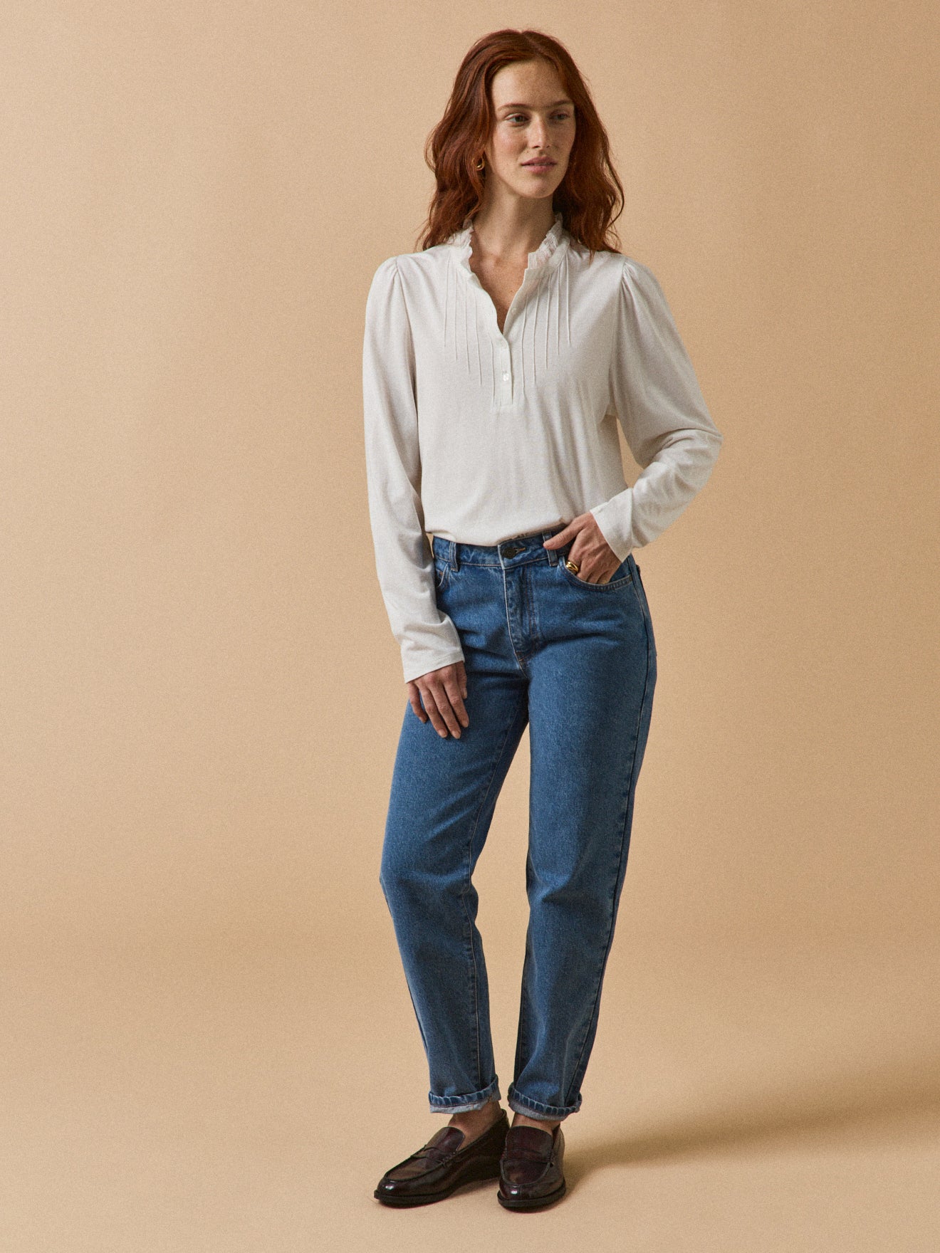 Damen T-Shirt mit Volants am Kragen - Modal und Bio-Baumwolle