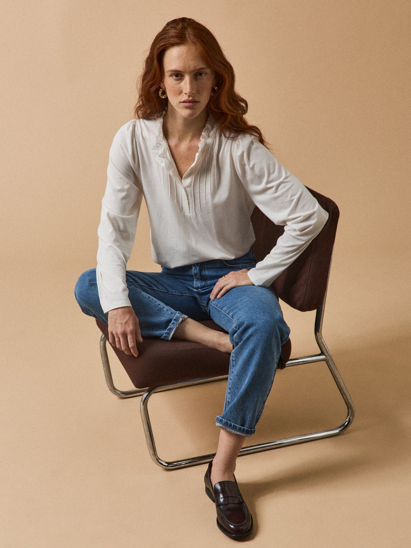 Damen T-Shirt mit Volants am Kragen - Modal und Bio-Baumwolle