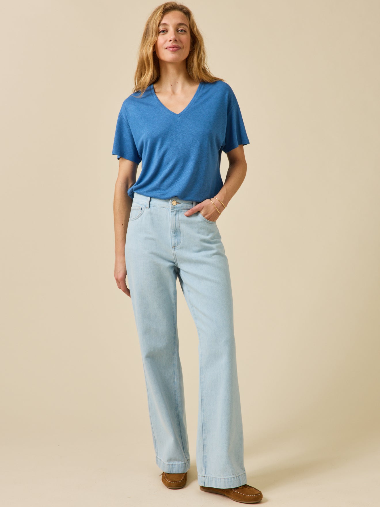 T-shirt col V femme lin et viscose