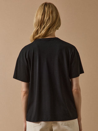 Damen-T-Shirt mit V-Ausschnitt mit Spitze aus Lyocell und Baumwolle