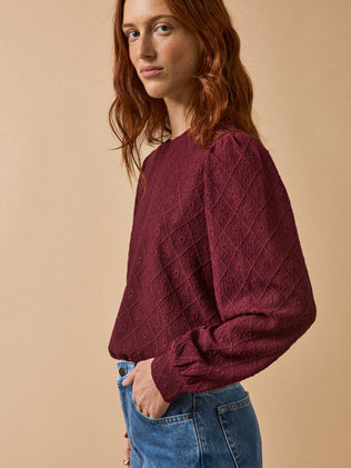T-shirt jacquard manches bouffantes femme