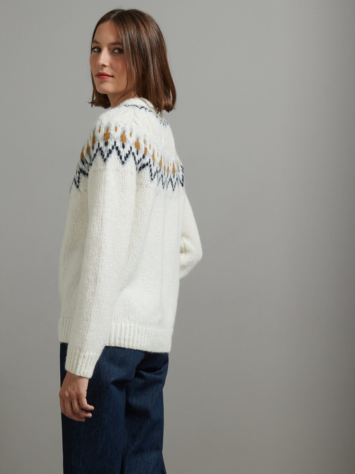 Pull jacquard torsadé femme mélange laine et mohair