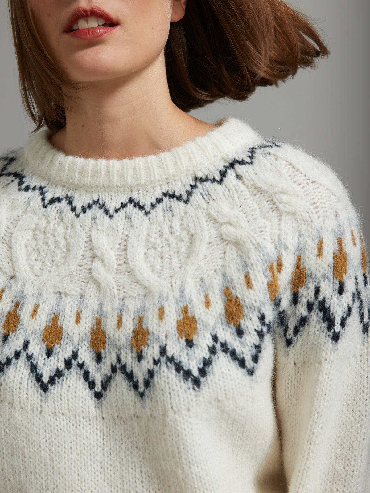 Pull jacquard torsadé femme mélange laine et mohair