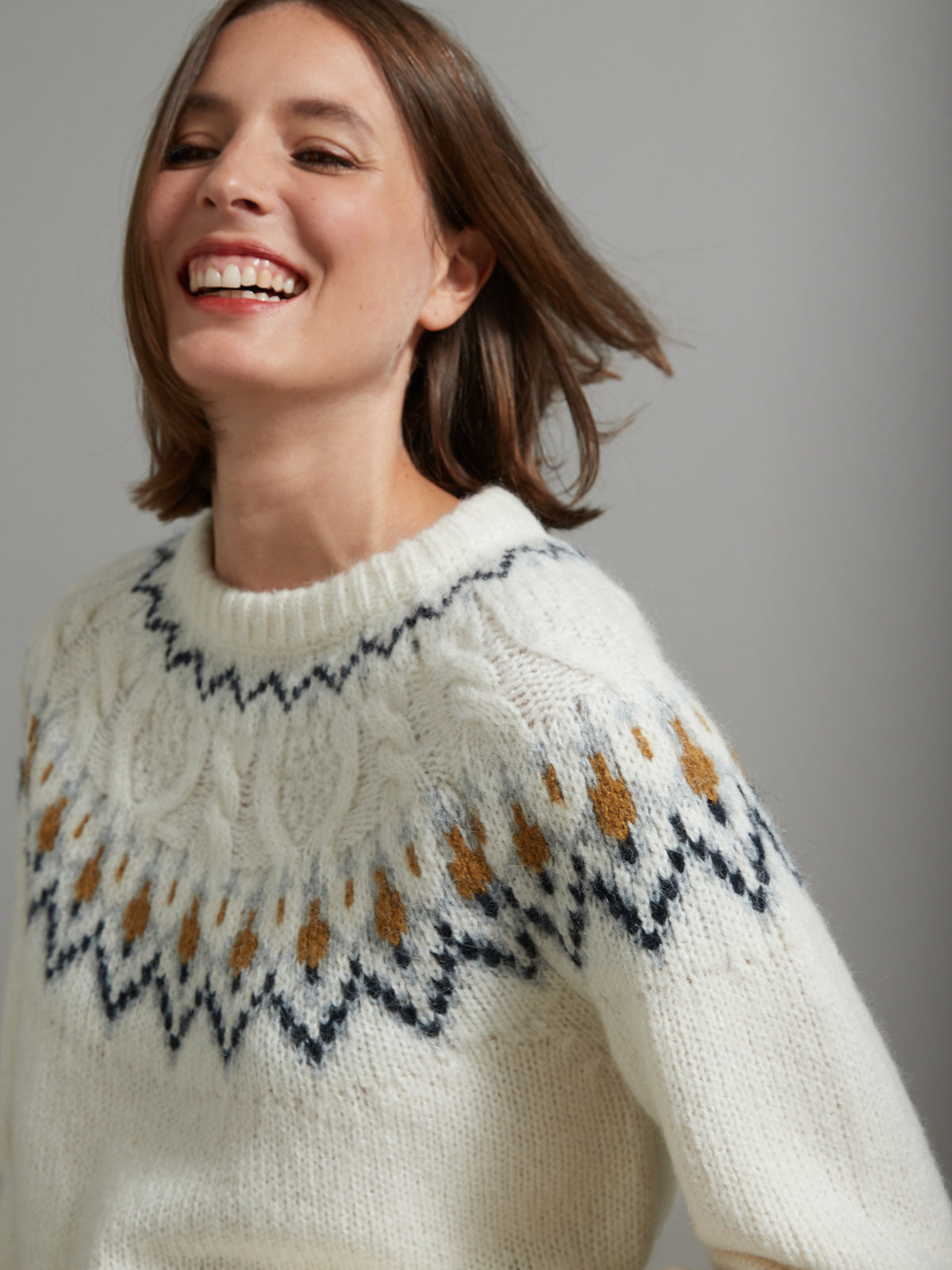 Pull jacquard torsadé femme mélange laine et mohair