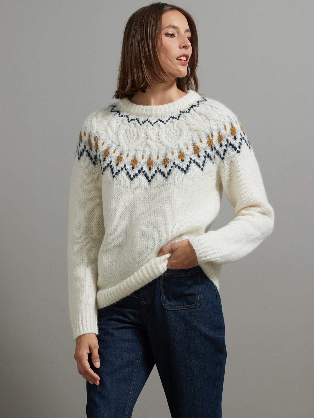 Pull jacquard torsadé femme mélange laine et mohair