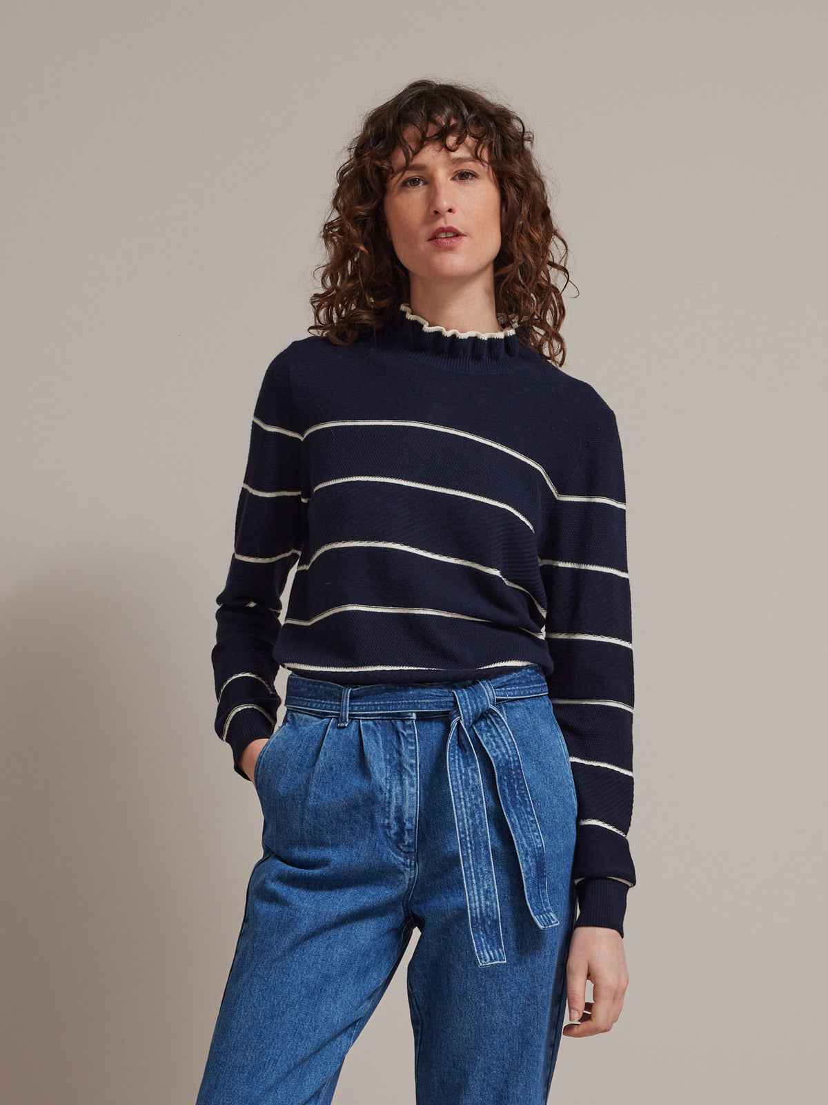 Pull marin col volanté femme coton et cachemire
