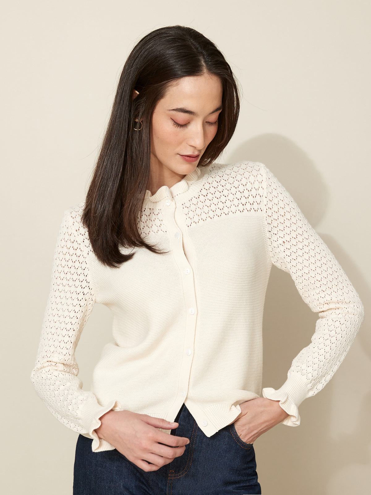 Cardigan volanté ajouré femme