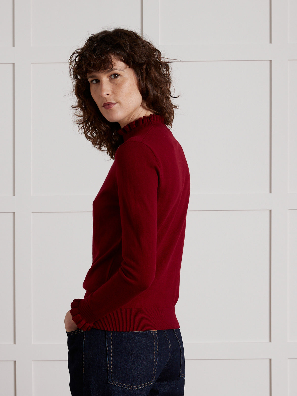Pull col volanté femme laine mérinos RWS*