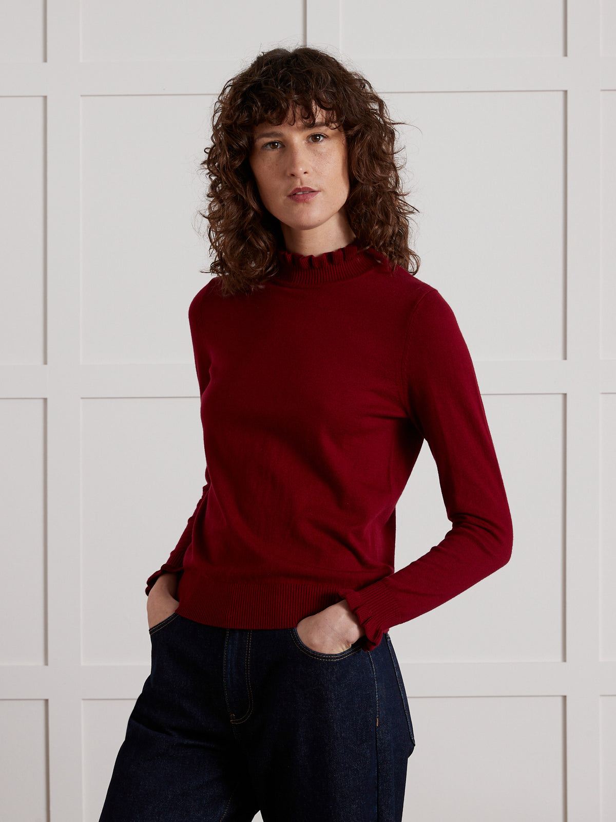 Pull col volanté femme laine mérinos RWS*