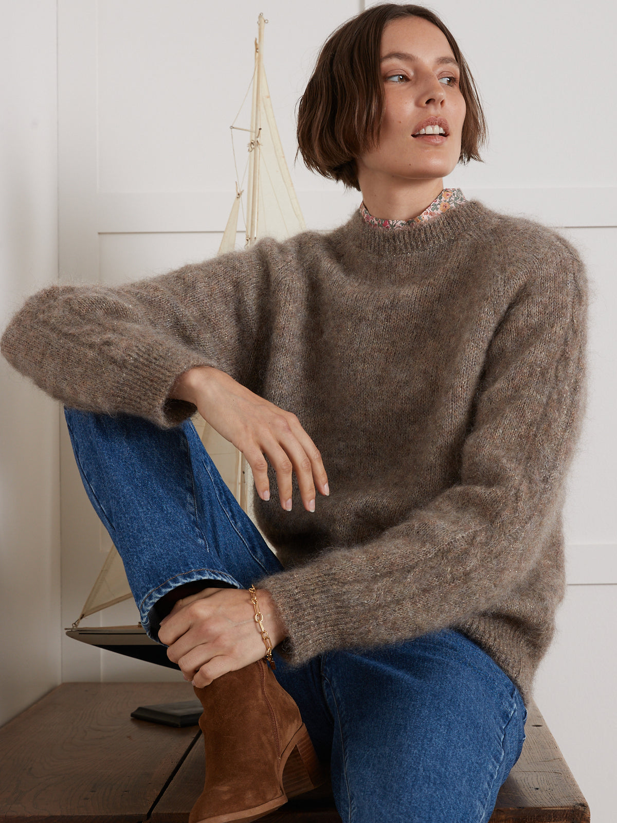 Pull col rond femme mélange kid mohair