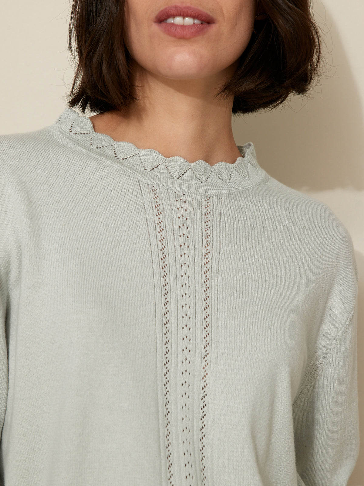 Damenpullover mit Volants am Kragen - Bio-Baumwolle und Cashmere