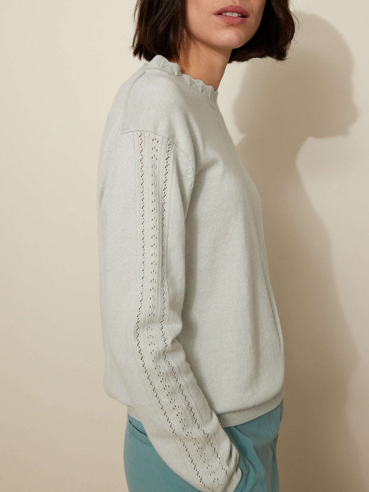 Damenpullover mit Volants am Kragen - Bio-Baumwolle und Cashmere