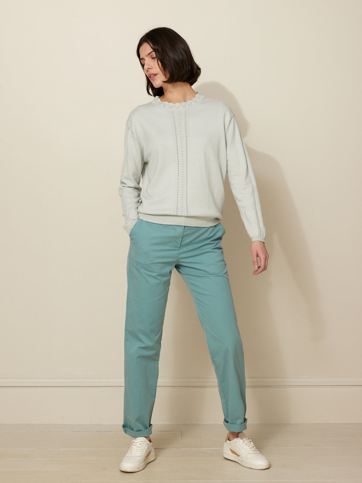 Damenpullover mit Volants am Kragen - Bio-Baumwolle und Cashmere