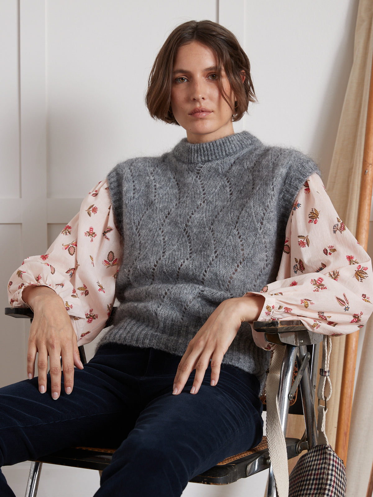 Pull sans manches maille ajourée femme