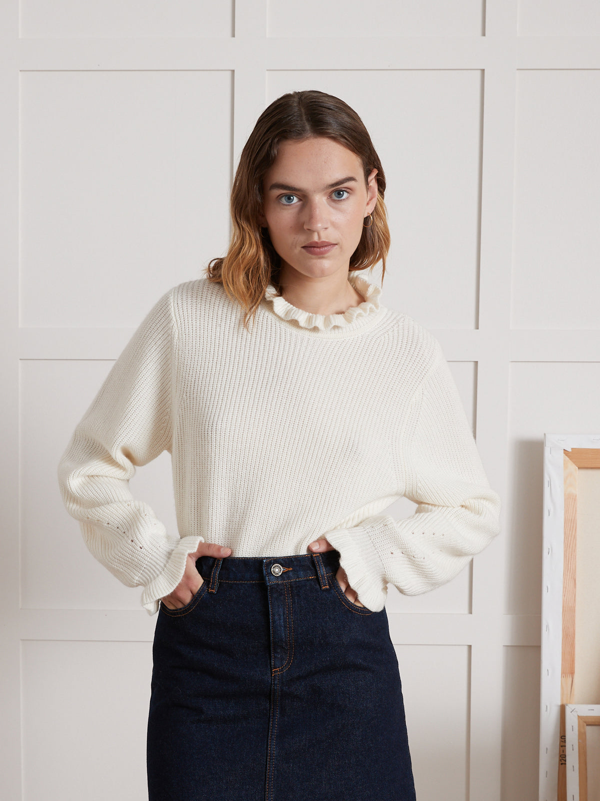 Pull col volanté femme