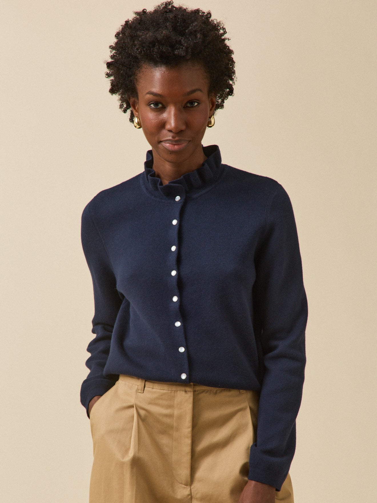 Gilet col volanté femme coton biologique et cachemire