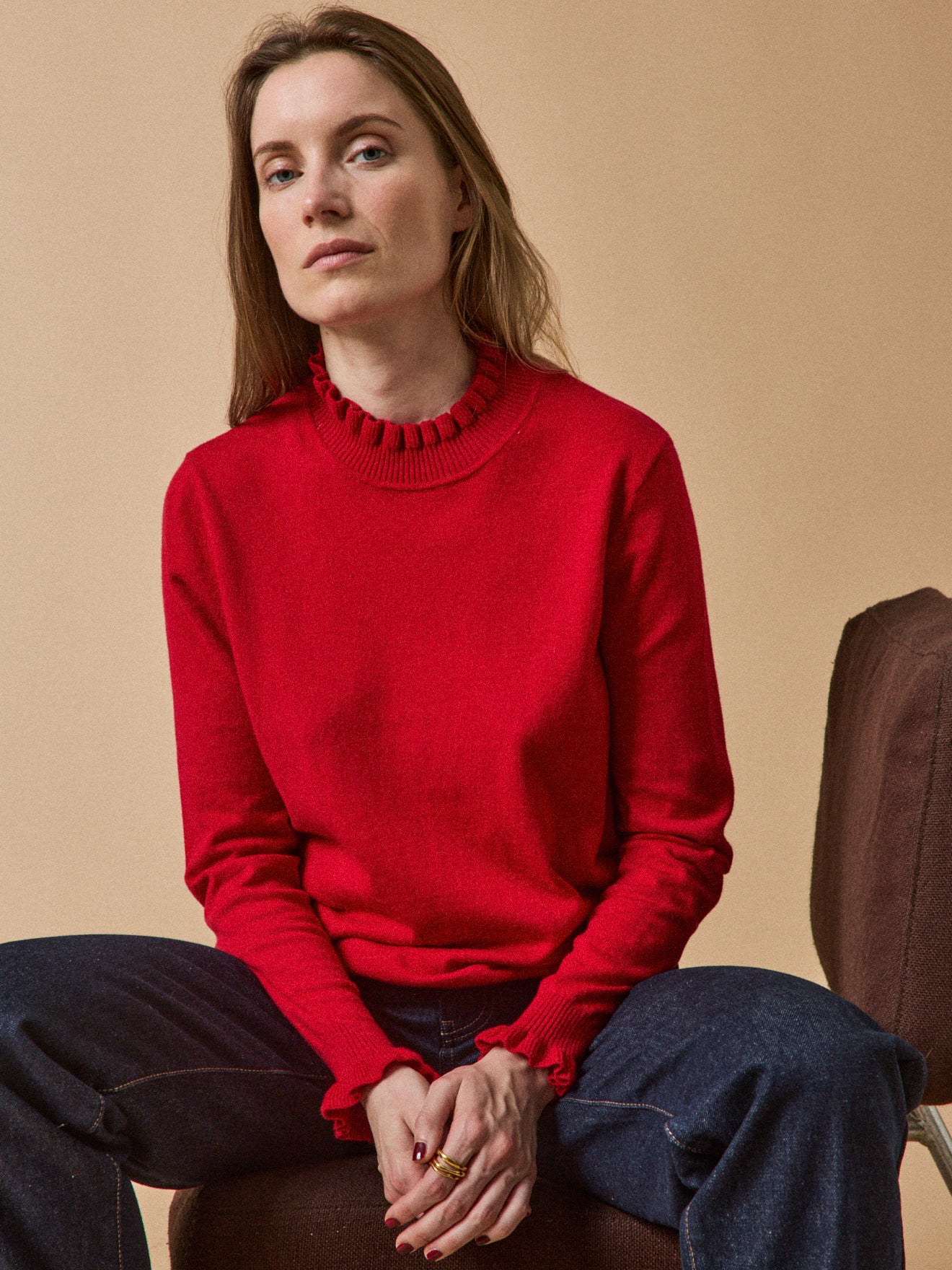 Damenpullover mit Volants aus Bio-Baumwolle und RWS*-Wolle