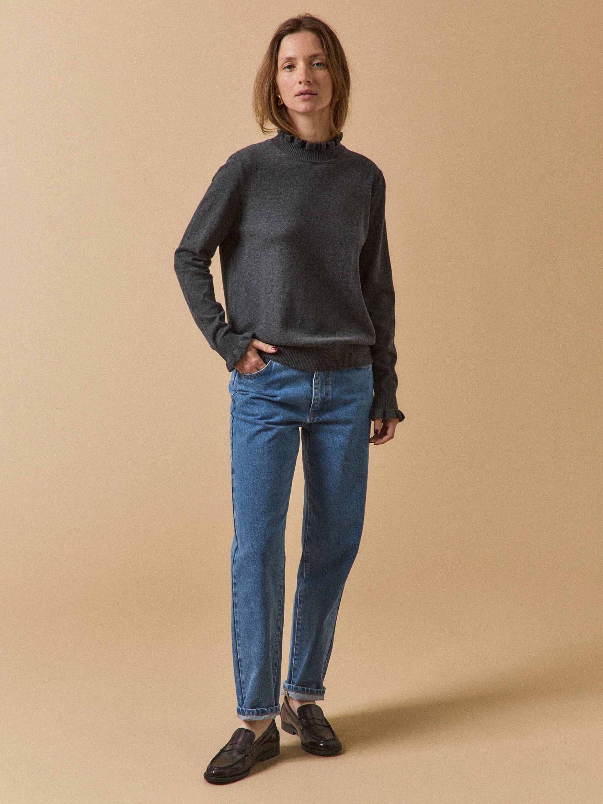 Damenpullover mit Volants aus Bio-Baumwolle und RWS*-Wolle