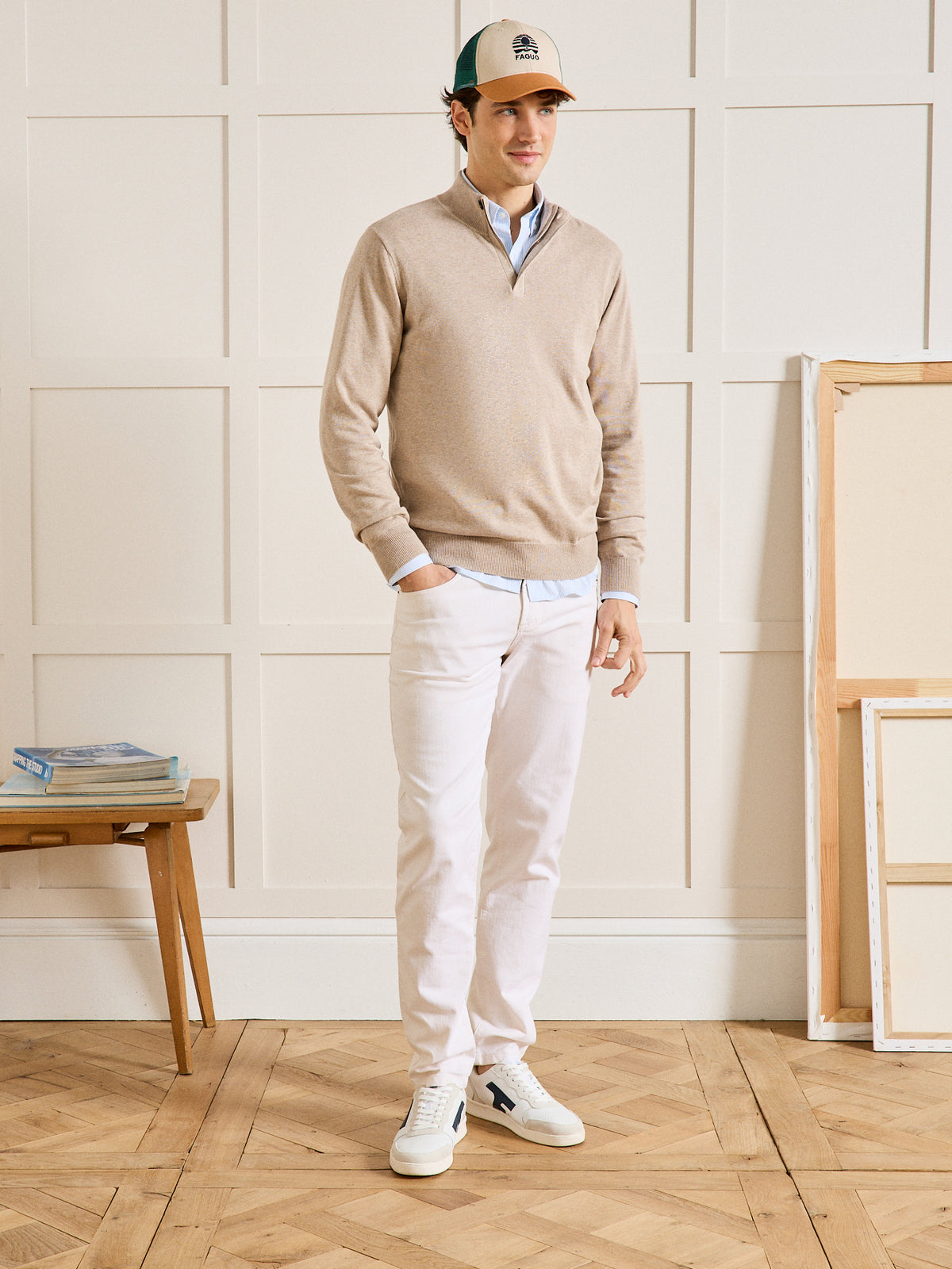 Herrenpullover mit Stehkragen aus Baumwolle, Seide und Cashmere