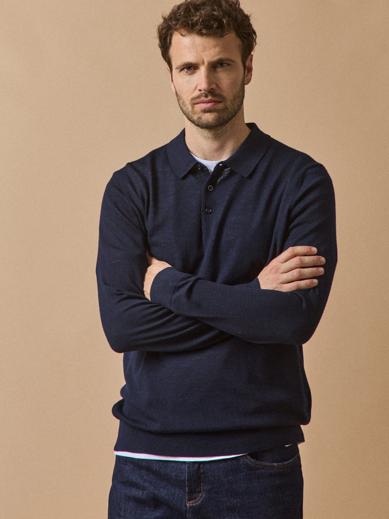 Pull fin col polo laine mérinos homme