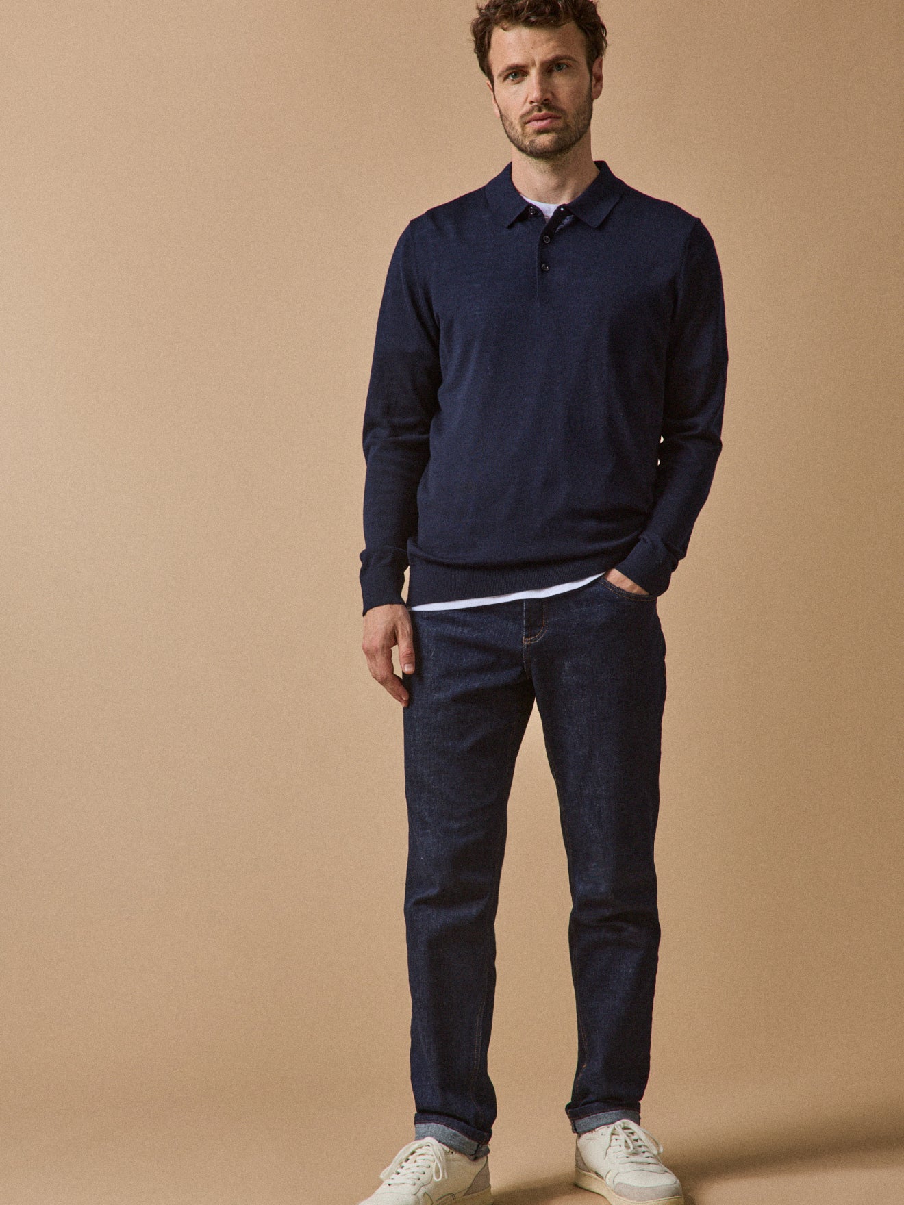 Pull fin col polo laine mérinos homme