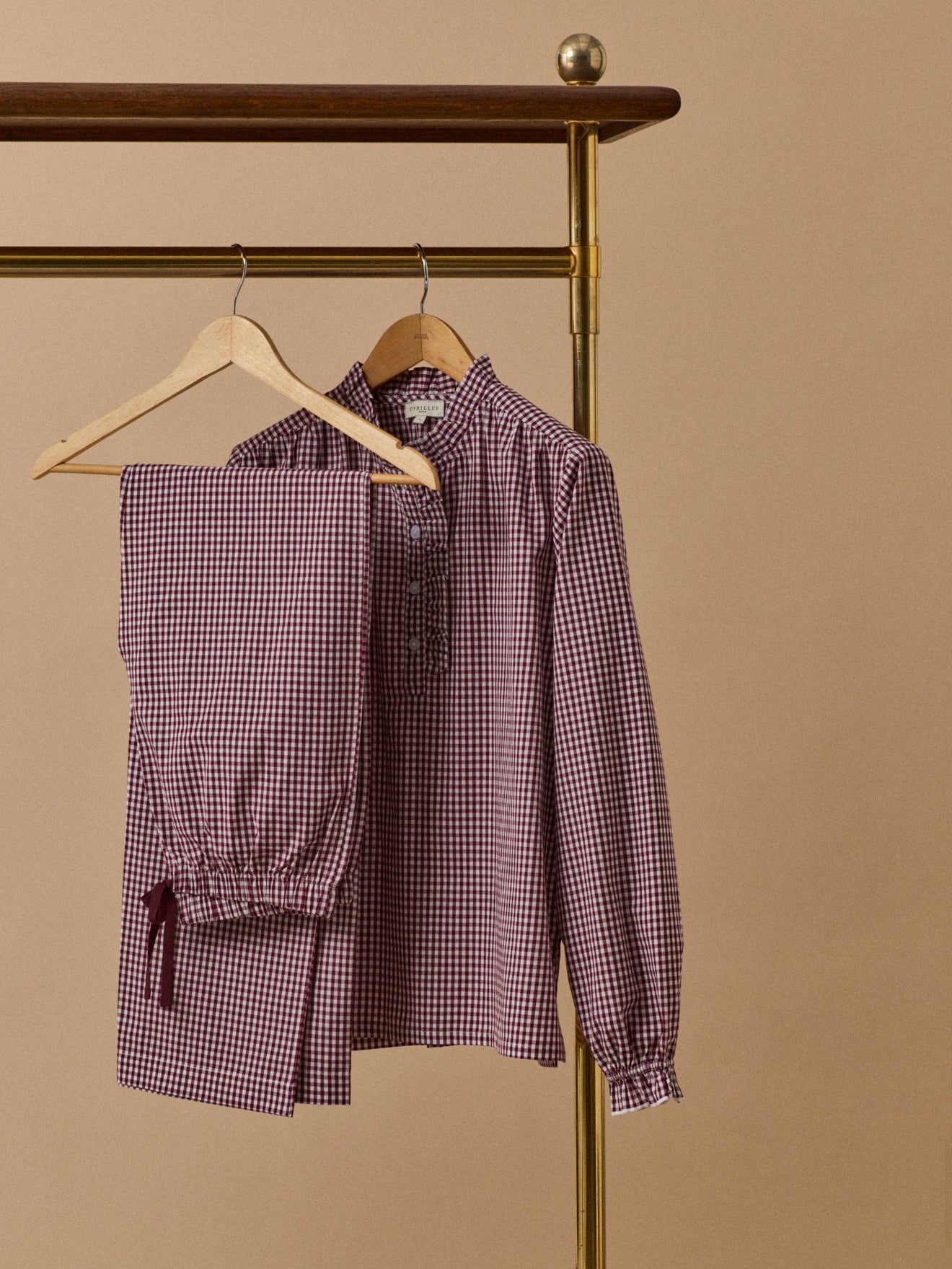 Damen-Pyjama mit Volant-Kragen und Vichy-Karos