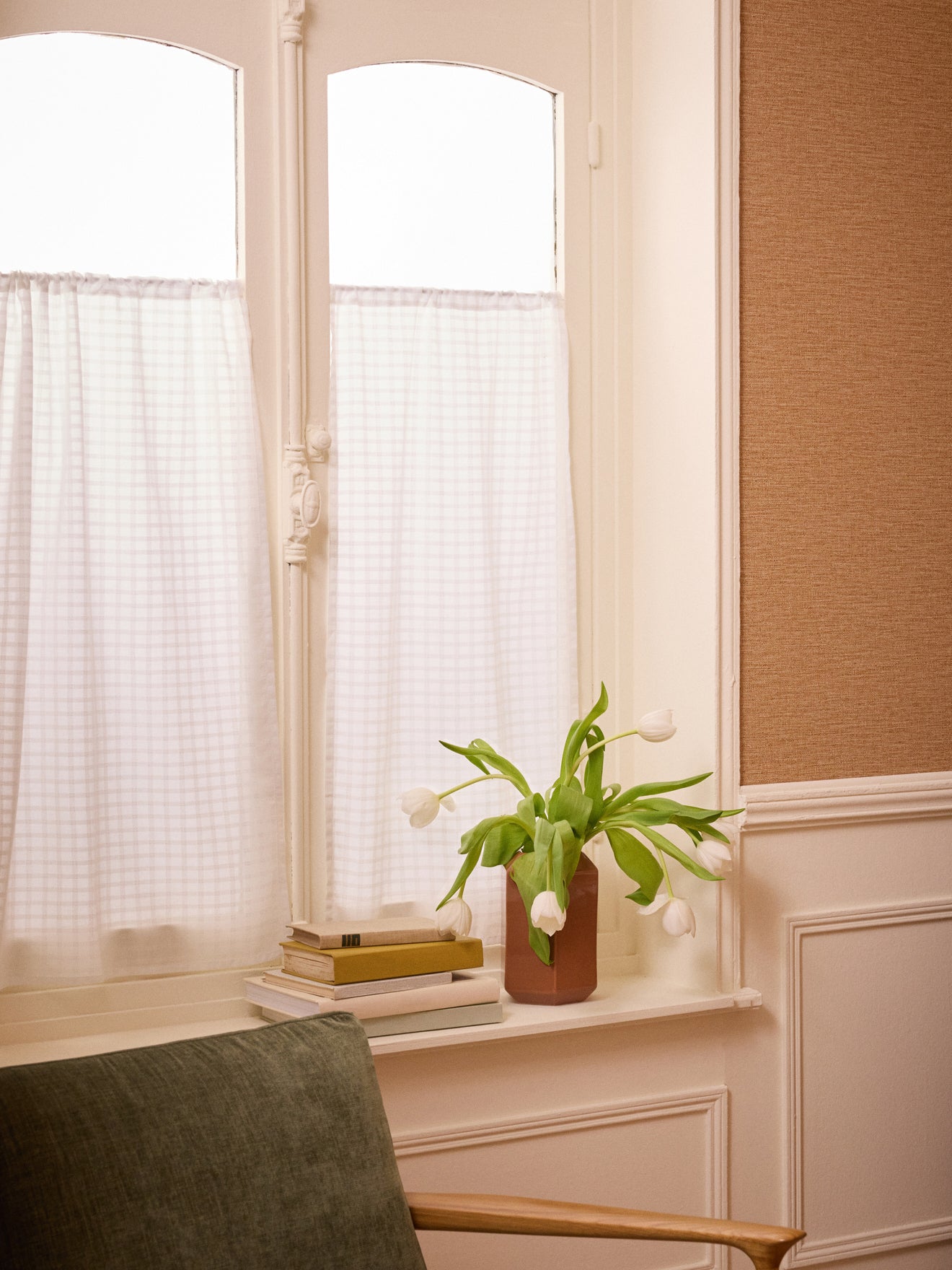 Brise-bise voile motif carreaux ton sur ton