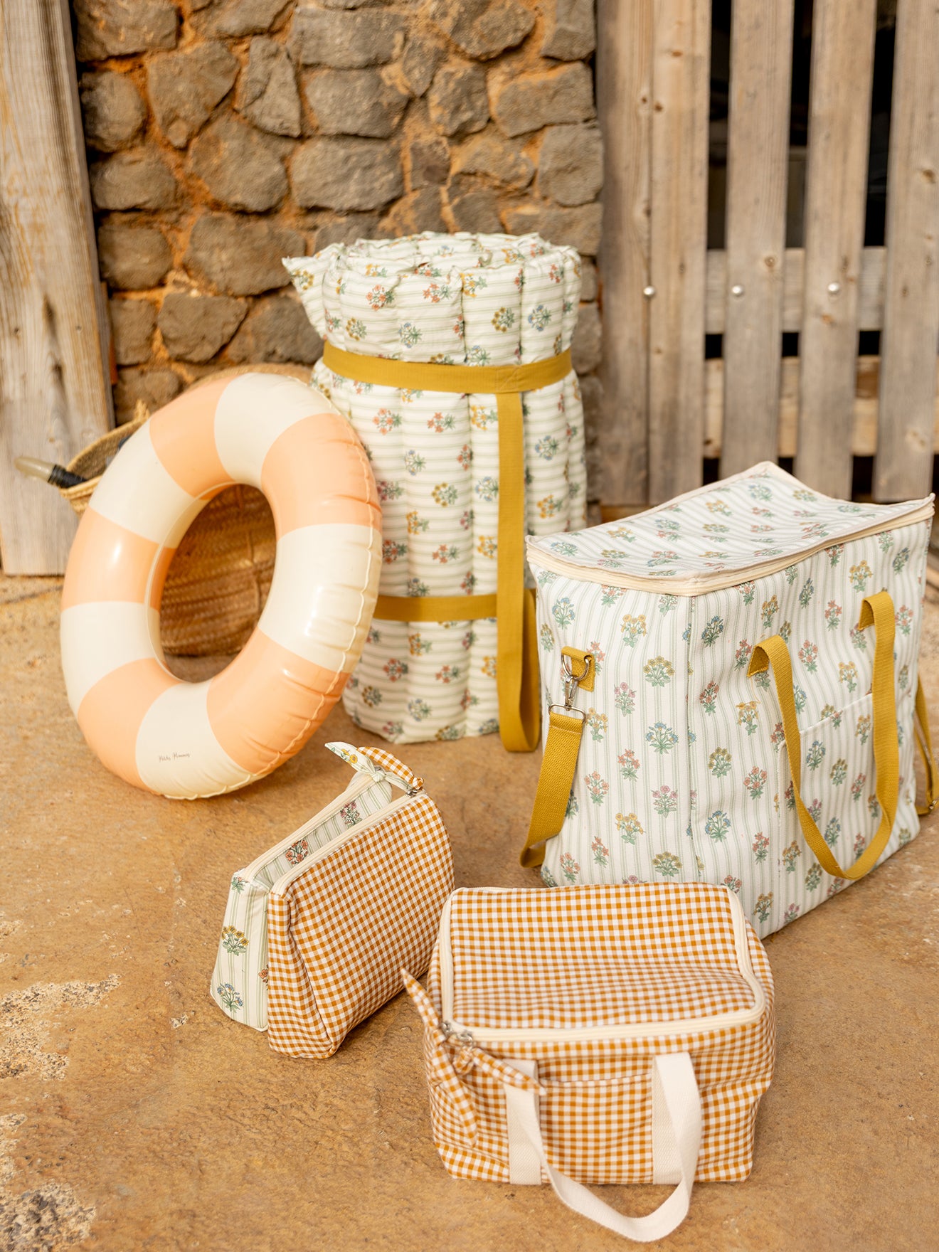 Double trousse de plage - imprimés vichy et Au Jardin