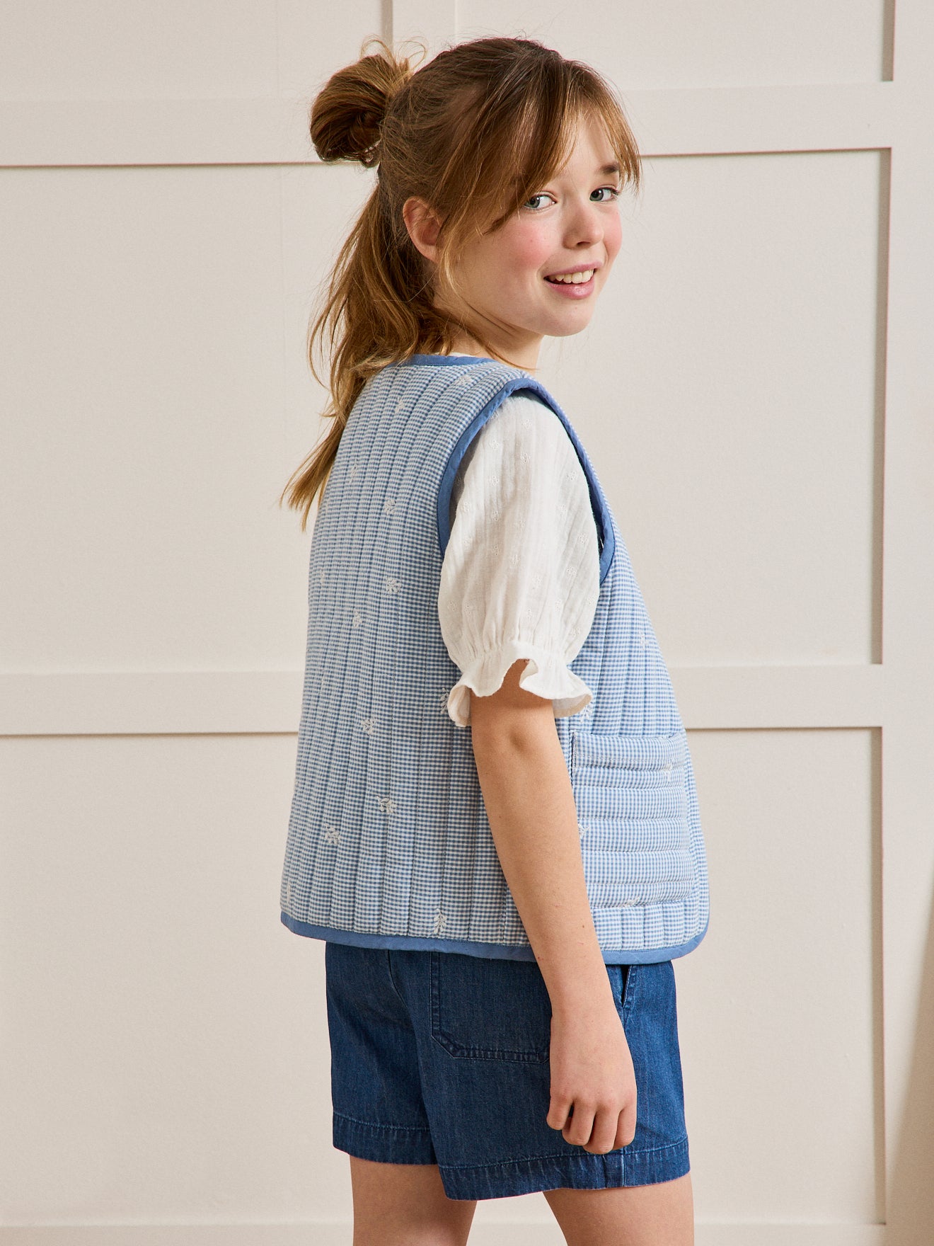 Veste matelassée Fille sans manches - vichy brodé