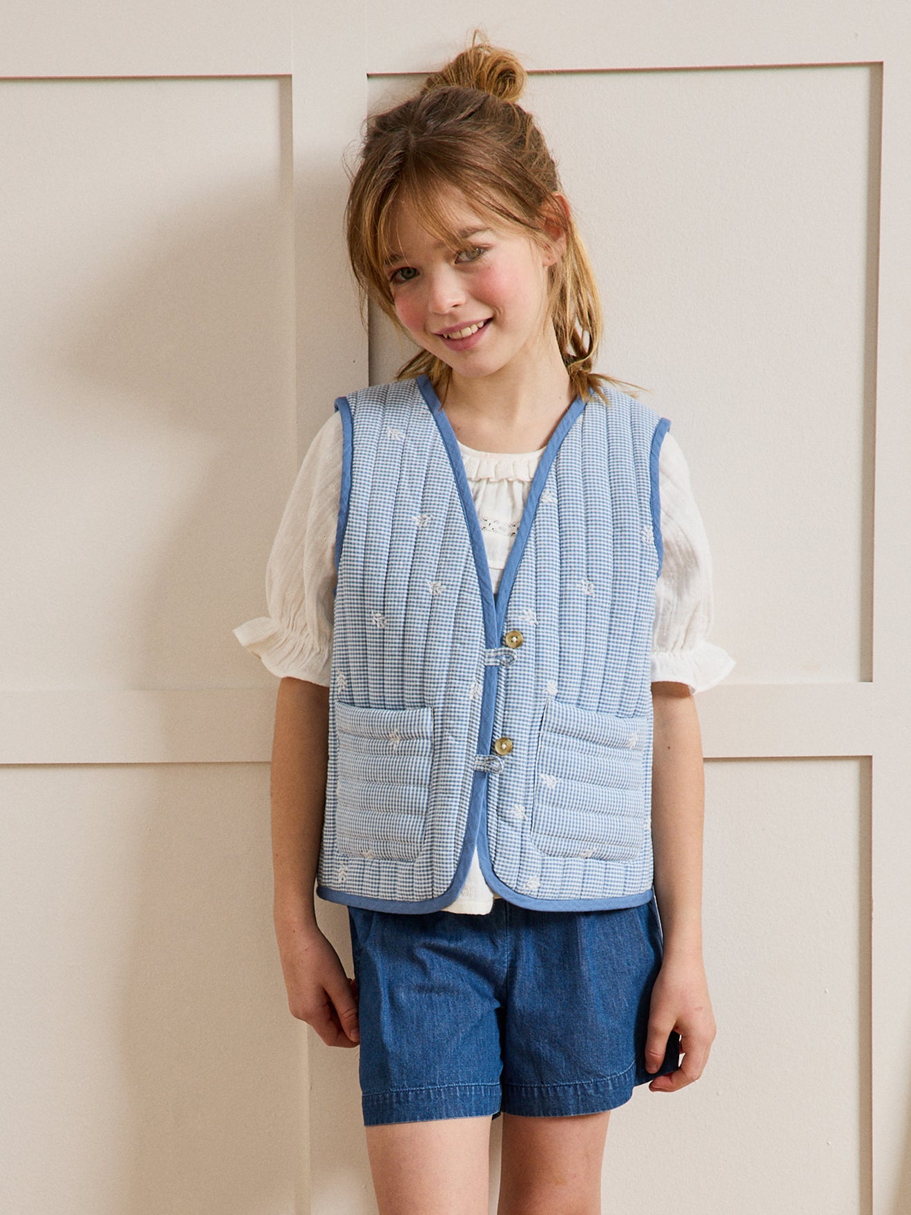 Veste matelassée Fille sans manches - vichy brodé