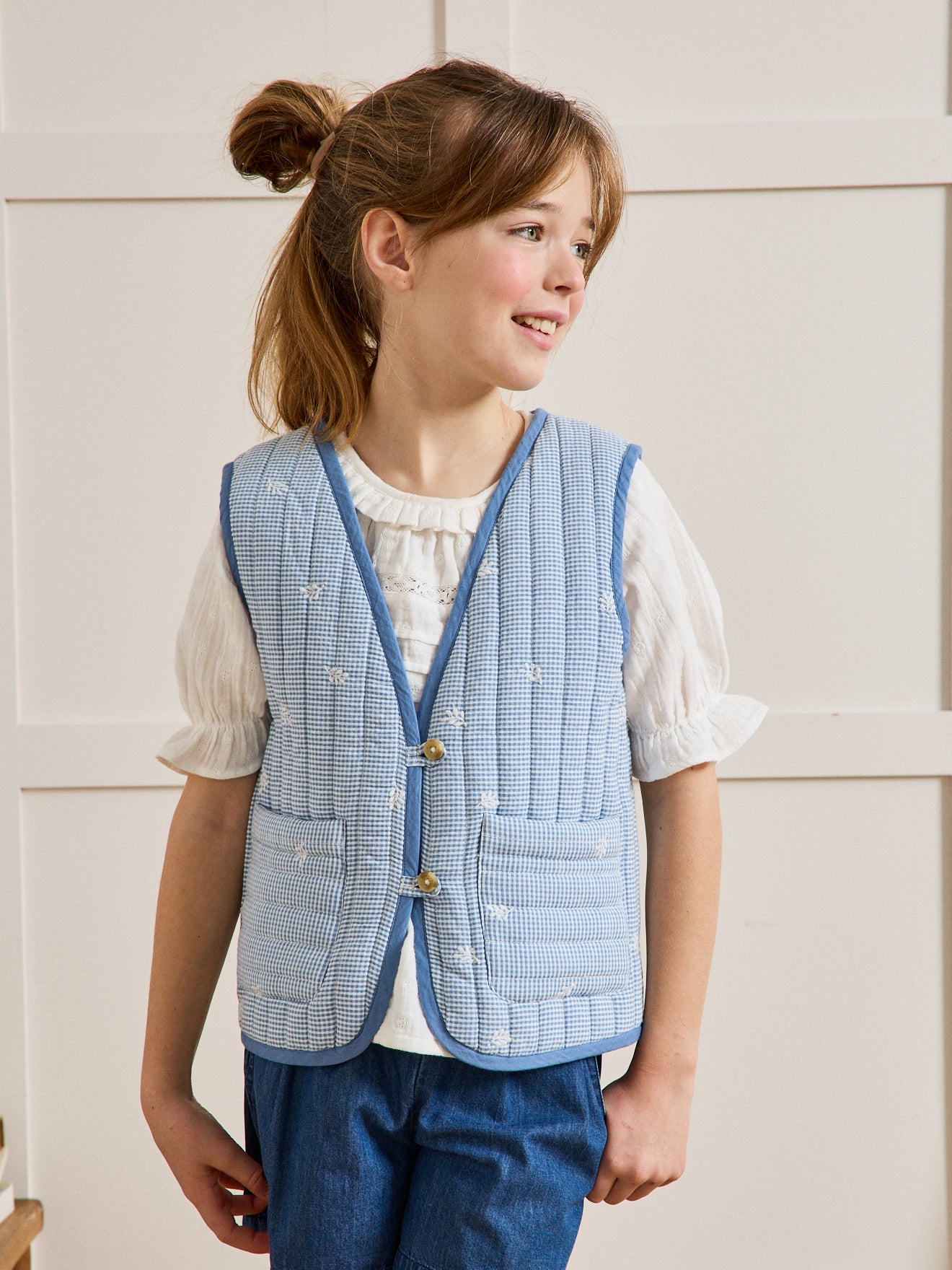 Veste matelassée Fille sans manches - vichy brodé
